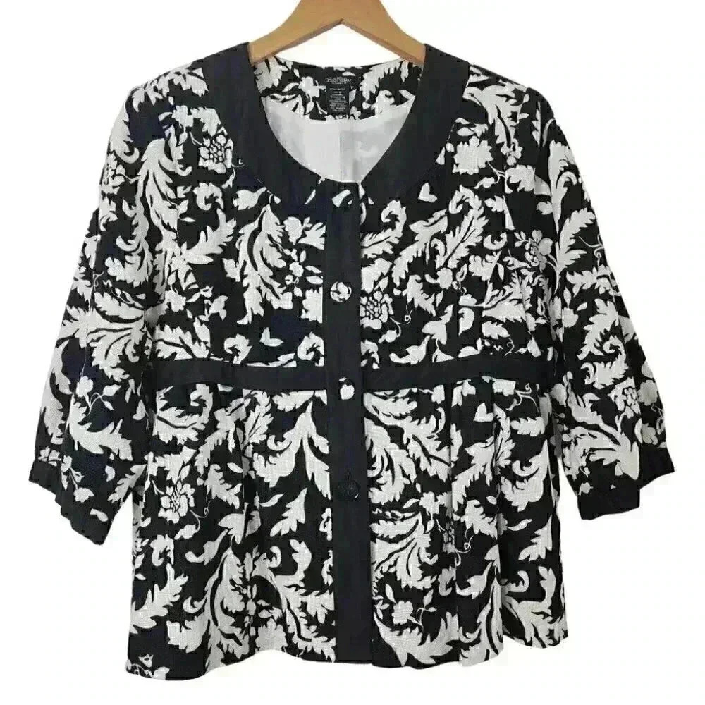 Bob Mackie Studio Linen Blend Paisley Printed Button Women's Blazer L